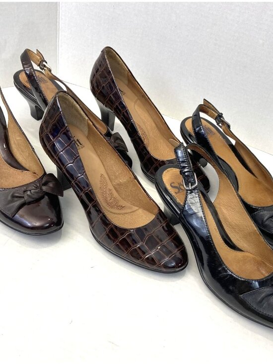 Lot of 3 Sofft Heels Shoes Womens 7 Black Brown Patent Slingback Leather Pumps - Picture 1 of 16